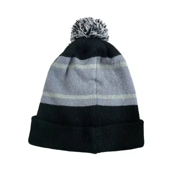 Back of Tri-Tone Striped Pom Beanie