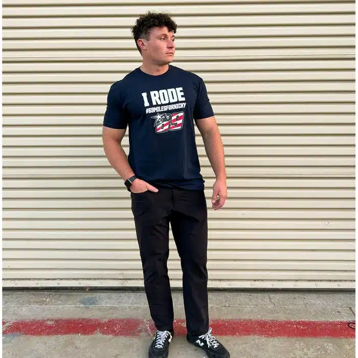 male model wearing the navy I Rode Nicky Hayden tee in navy