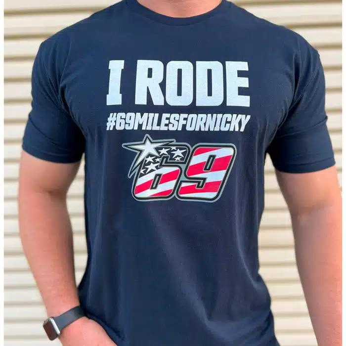 Closeup of the I Rode Nicky Hayden tee in navy