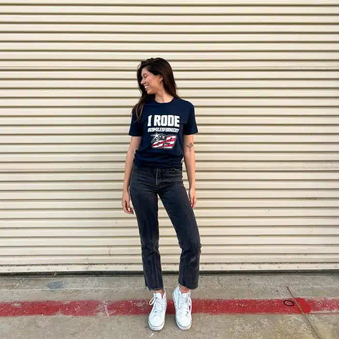 Female model wearing the navy I Rode Nicky Hayden tee in navy